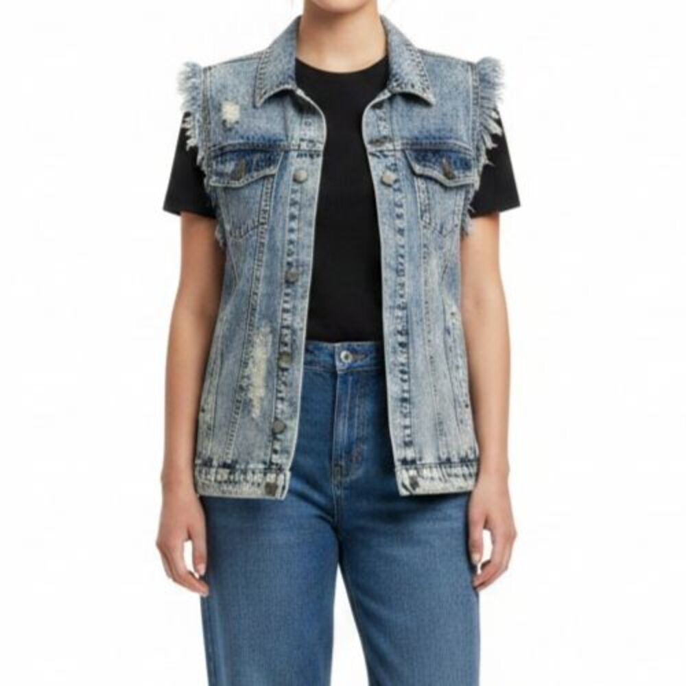 Umgee Acid Washed Denim Midi Vest Women Small Retro 90s Frayed Factory Distress